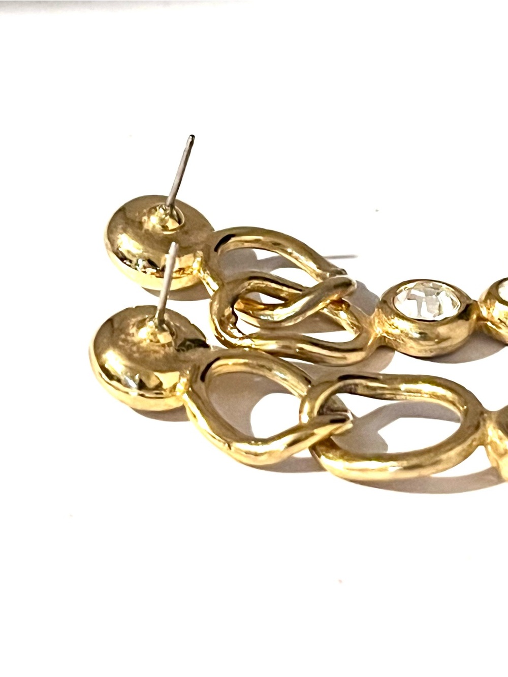 Vintage Large Gold Tone Dangle Earrings with Clear Rhinestones, Formal, Bridal - Picture 5 of 5